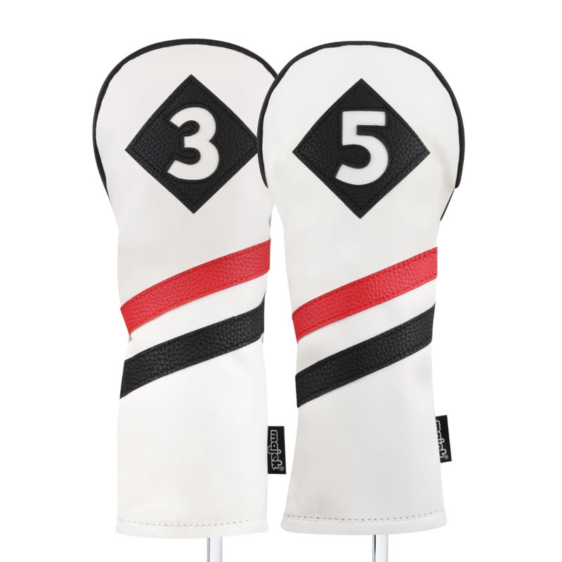 Majek Retro Golf Headcovers White Red and Black Vintage Leather Style 3 & 5 Fairway Wood Head Cover Classic Look - Image 1